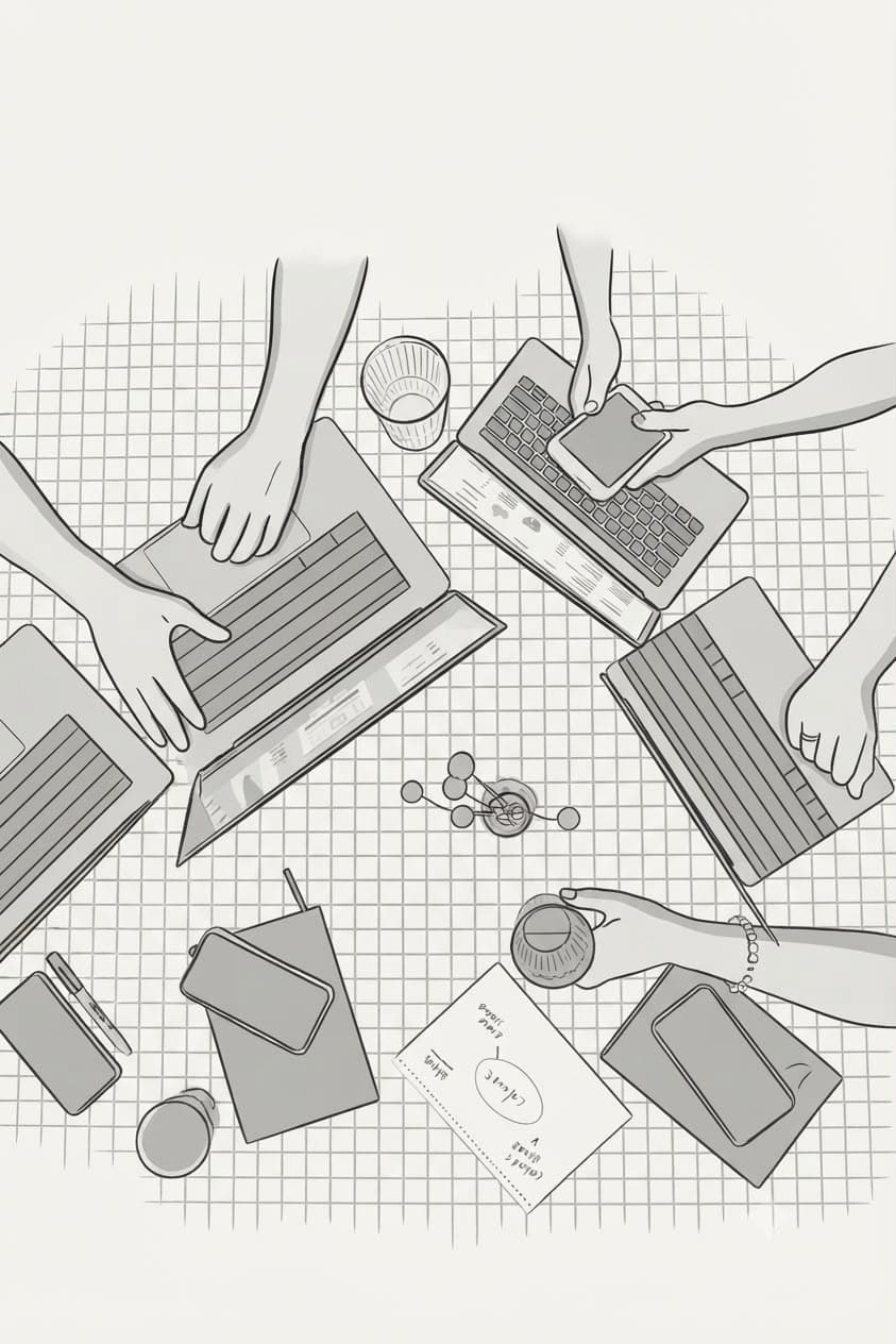 Line illustration of hands working together over laptops and notes