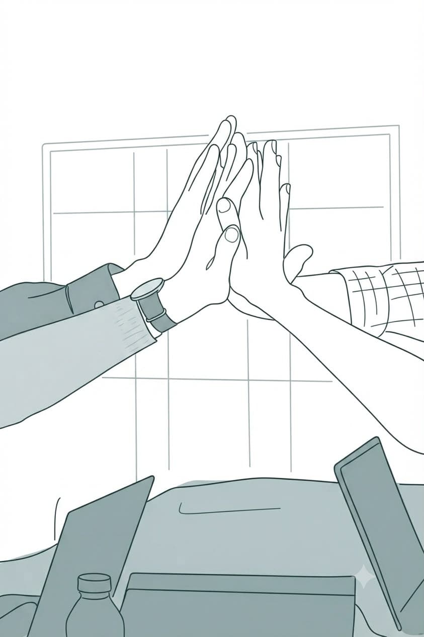 Line illustration of two people high-fiving over a desk