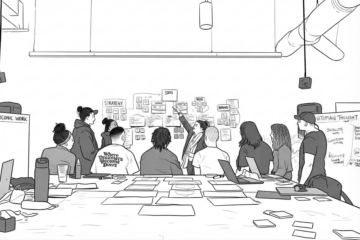 Line illustration of a team working through a wall of notes together